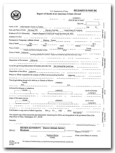 The State Department's false "Report on the Death of an American Citizen Abroad" listing the cause of death of Awlaki's 16-year-old son Abdulrahman as "unknown."