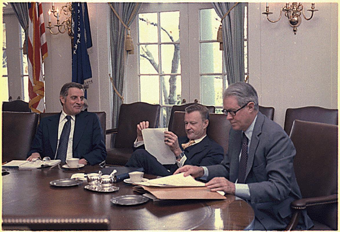  Vice President Walter Mondale sitting with National Security Adviser Zbigniew Brzezinski and Secretary of State Cyrus Vance