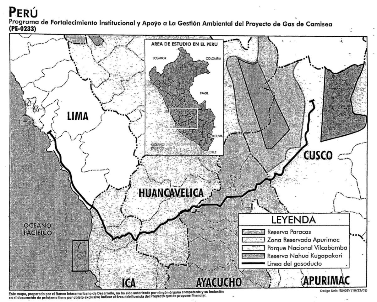 Map of the proposed scope of the Camisea Gas Pipeline