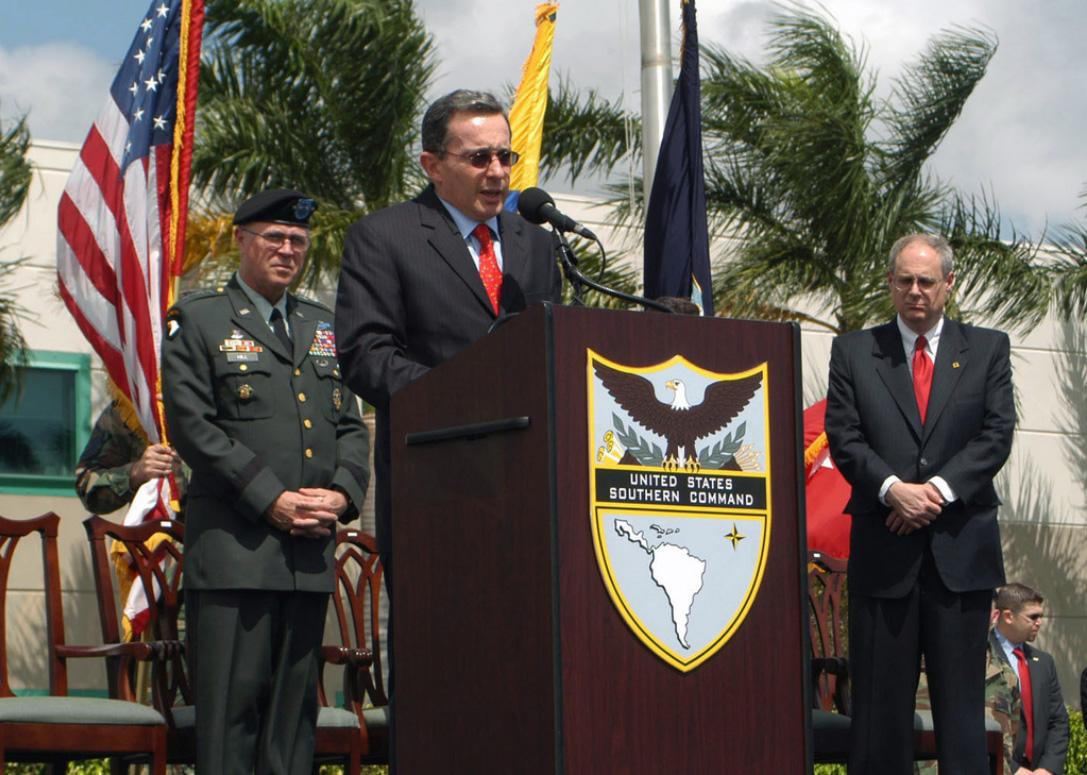 President Álvaro Uribe addresses an audience at U.S. Southern Command in Doral, Florida